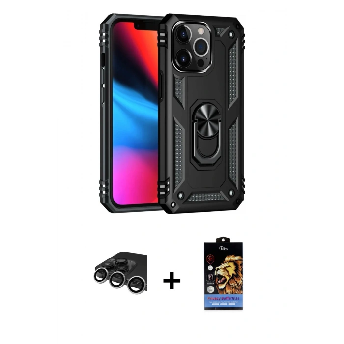 MARSİLYAN™- iPhone 14 Pro Max Kılıf Ahenk Klasik Koleksiyonu - Siyah Buffer Hayalet Cam Ekran Koruyucu + Raze Metal Kamera Lens - GS