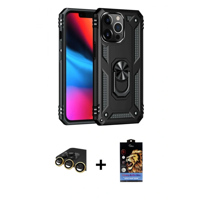 MARSİLYAN™- iPhone 14 Pro Max Kılıf Ahenk Klasik Koleksiyonu - Siyah Buffer Hayalet Cam Ekran Koruyucu + Raze Metal Kamera Lens - GD
