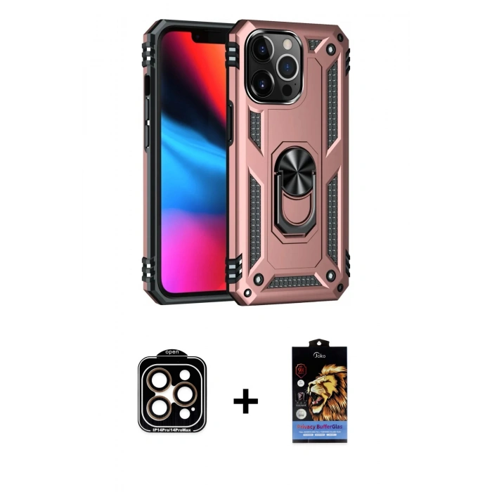 MARSİLYAN™- iPhone 14 Pro Max Kılıf Ahenk Klasik Koleksiyonu - Siyah Buffer Hayalet Cam Ekran Koruyucu + PVD Metal Kamera Lens - TU