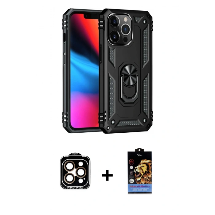 MARSİLYAN™- iPhone 14 Pro Max Kılıf Ahenk Klasik Koleksiyonu - Siyah Buffer Hayalet Cam Ekran Koruyucu + PVD Metal Kamera Lens - TU