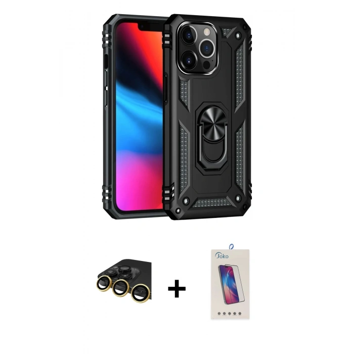 MARSİLYAN™- iPhone 14 Pro Max Kılıf Ahenk Klasik Koleksiyonu - Siyah Joko 5D Cam + Raze Metal Kamera Lens - GD