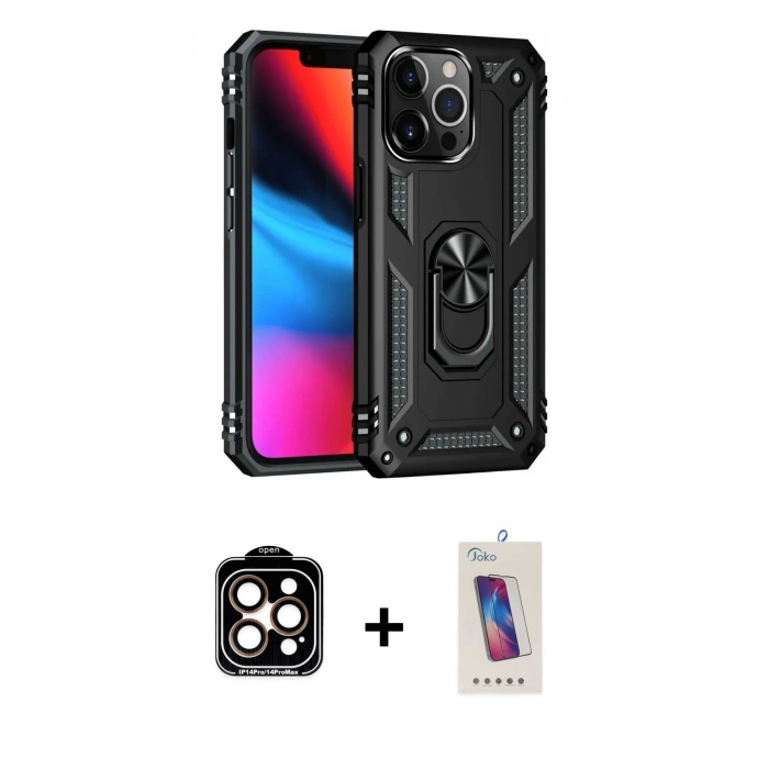 MARSİLYAN™- iPhone 14 Pro Max Kılıf Ahenk Klasik Koleksiyonu - Siyah Joko 5D Cam + PVD Metal Kamera Lens - TU