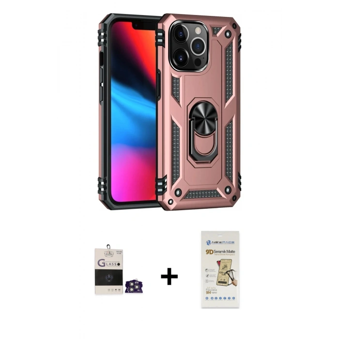 MARSİLYAN™- iPhone 14 Pro Max Kılıf Ahenk Klasik Koleksiyonu - Siyah Mat Seramik Nano Ekran Koruyucu + Bilvis Titan Kamera Lens - GS