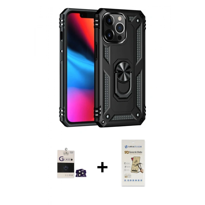 MARSİLYAN™- iPhone 14 Pro Max Kılıf Ahenk Klasik Koleksiyonu - Siyah Mat Seramik Nano Ekran Koruyucu + Bilvis Titan Kamera Lens - DNMR