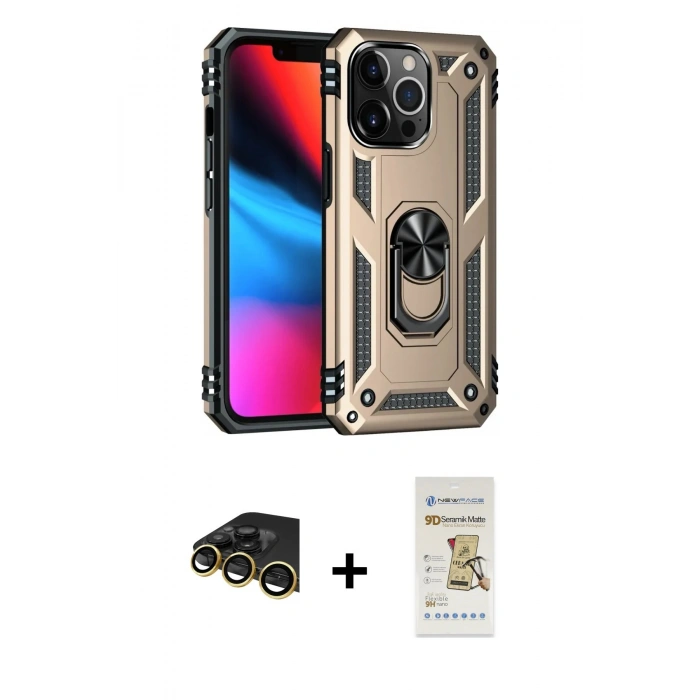 MARSİLYAN™- iPhone 14 Pro Max Kılıf Ahenk Klasik Koleksiyonu - Siyah Mat Seramik Nano Ekran Koruyucu + Raze Metal Kamera Lens - GD