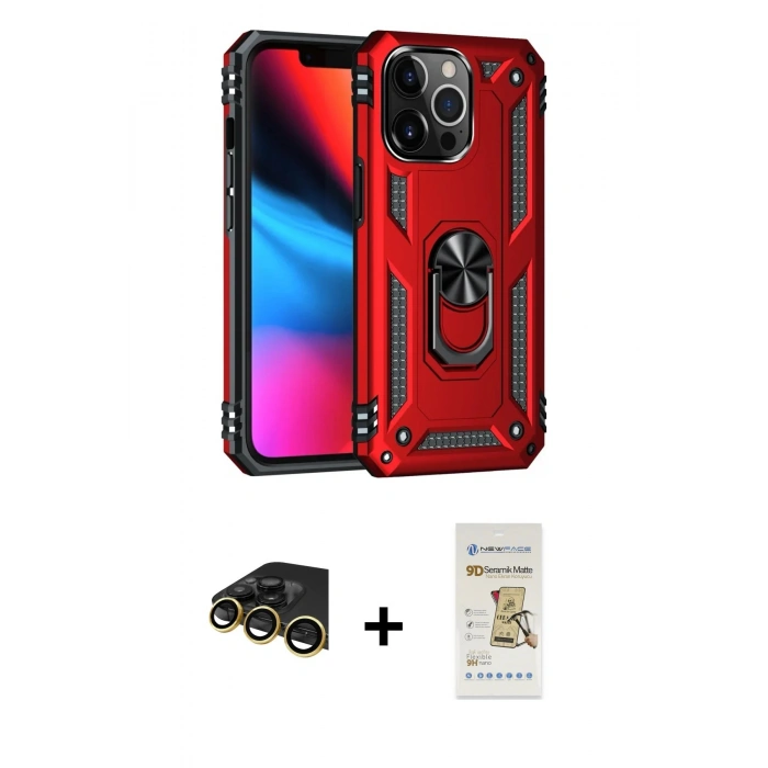 MARSİLYAN™- iPhone 14 Pro Max Kılıf Ahenk Klasik Koleksiyonu - Siyah Mat Seramik Nano Ekran Koruyucu + Raze Metal Kamera Lens - GD