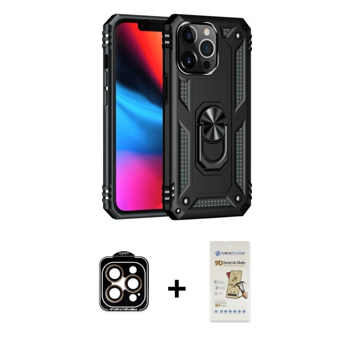 MARSİLYAN™- iPhone 14 Pro Max Kılıf Ahenk Klasik Koleksiyonu - Siyah Mat Seramik Nano Ekran Koruyucu + PVD Metal Kamera Lens - TU
