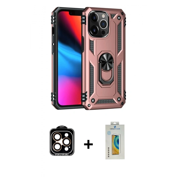 MARSİLYAN™- iPhone 14 Pro Max Kılıf Ahenk Klasik Koleksiyonu - Siyah Polymer Nano Ekran Koruyucu + PVD Metal Kamera Lens - TU