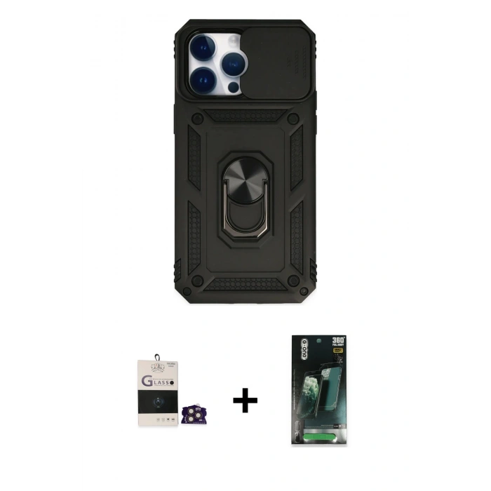 MARSİLYAN™- iPhone 14 Pro Max Kılıf Ahenk Klasik - Şeffaf 360 Full Body Arka Koruyucu + Bilvis Titan Kamera Lens - GD