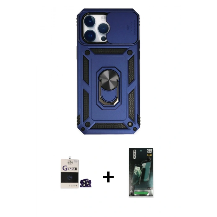 MARSİLYAN™- iPhone 14 Pro Max Kılıf Ahenk Klasik - Şeffaf 360 Full Body Arka Koruyucu + Derin Mor Bilvis Titan Kamera Lens