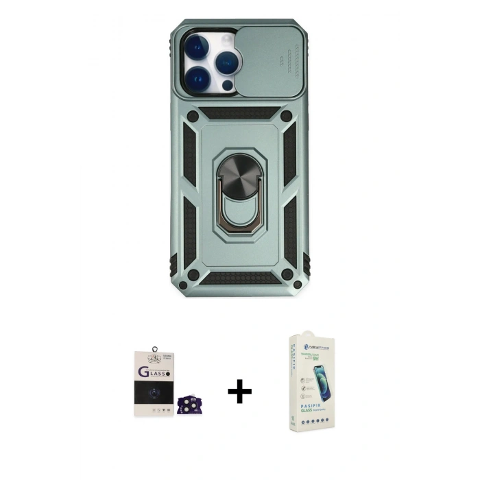 MARSİLYAN™- iPhone 14 Pro Max Kılıf Ahenk Klasik - Şeffaf Pasifik Cam Ekran Koruyucu + Bilvis Titan Kamera Lens - DNMR