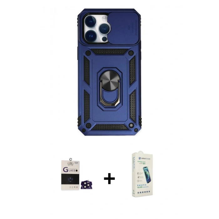MARSİLYAN™- iPhone 14 Pro Max Kılıf Ahenk Klasik - Şeffaf Pasifik Cam Ekran Koruyucu + Bilvis Titan Kamera Lens - DNMR