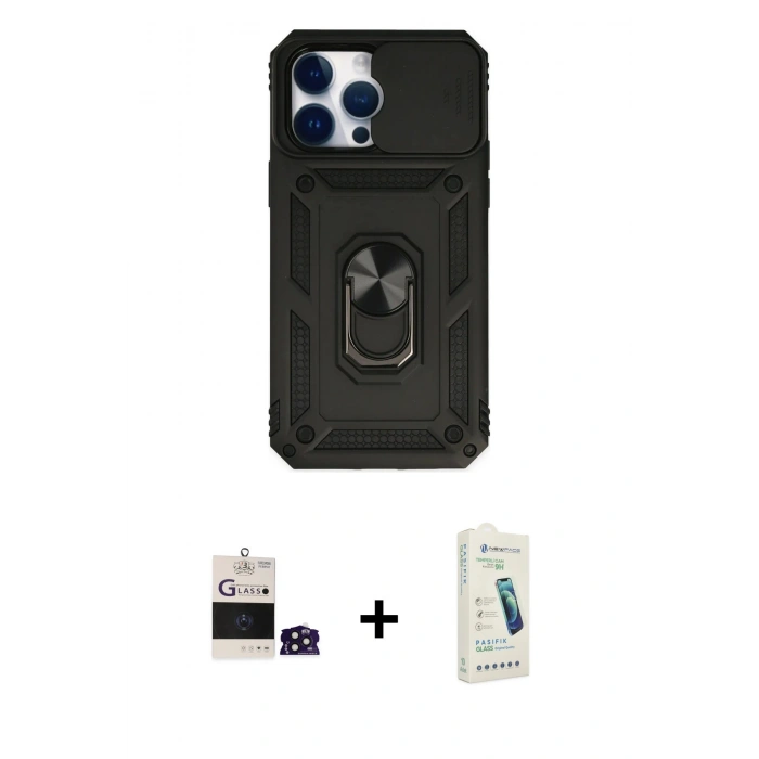 MARSİLYAN™- iPhone 14 Pro Max Kılıf Ahenk Klasik - Şeffaf Pasifik Cam Ekran Koruyucu + Bilvis Titan Kamera Lens - DNMR