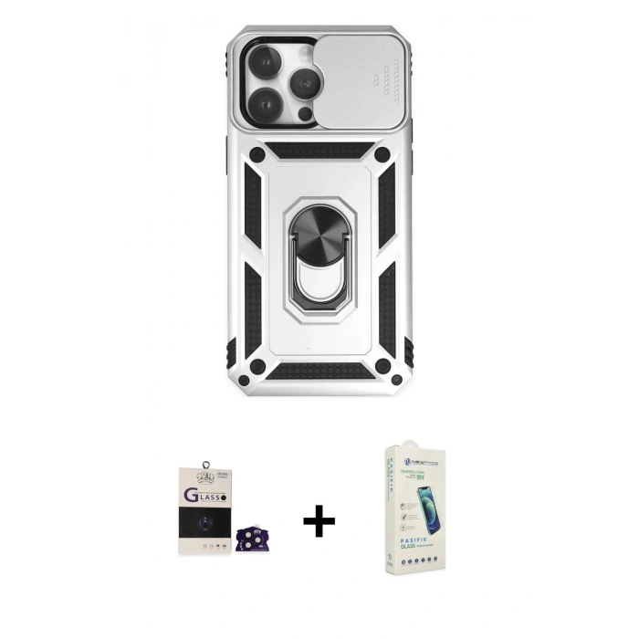 MARSİLYAN™- iPhone 14 Pro Max Kılıf Ahenk Klasik - Şeffaf Pasifik Cam Ekran Koruyucu + Bilvis Titan Kamera Lens - DNMR