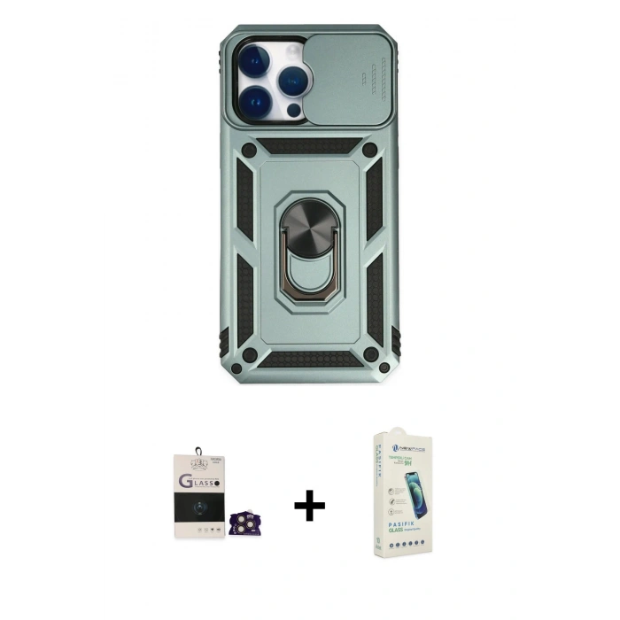 MARSİLYAN™- iPhone 14 Pro Max Kılıf Ahenk Klasik - Şeffaf Pasifik Cam Ekran Koruyucu + Bilvis Titan Kamera Lens - GD