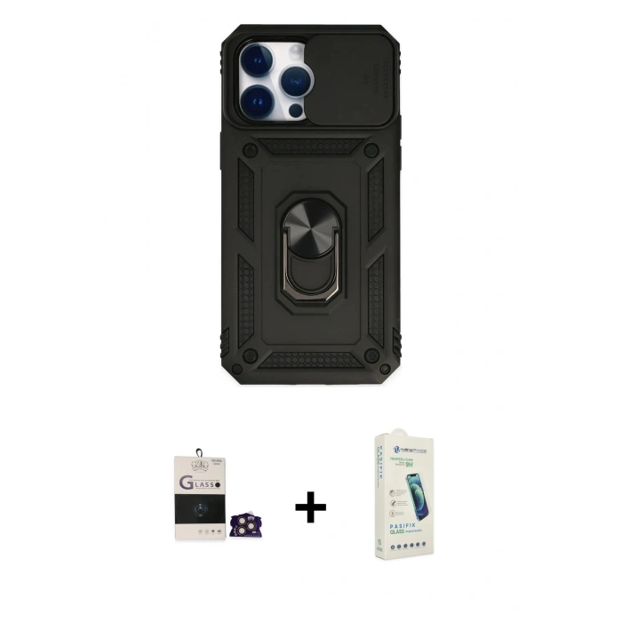 MARSİLYAN™- iPhone 14 Pro Max Kılıf Ahenk Klasik - Şeffaf Pasifik Cam Ekran Koruyucu + Bilvis Titan Kamera Lens - GD