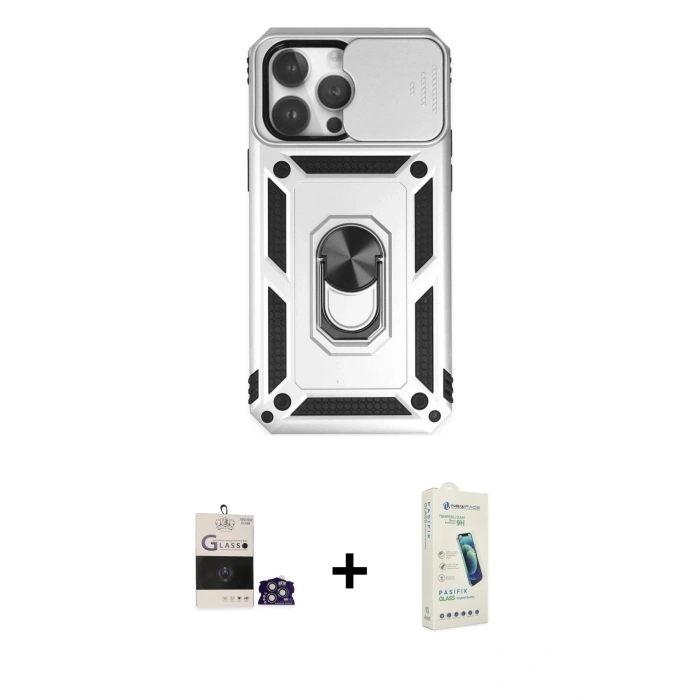 MARSİLYAN™- iPhone 14 Pro Max Kılıf Ahenk Klasik - Şeffaf Pasifik Cam Ekran Koruyucu + Bilvis Titan Kamera Lens - GS