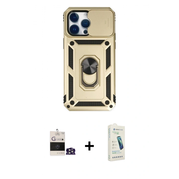 MARSİLYAN™- iPhone 14 Pro Max Kılıf Ahenk Klasik - Şeffaf Pasifik Cam Ekran Koruyucu + Bilvis Titan Kamera Lens - GS