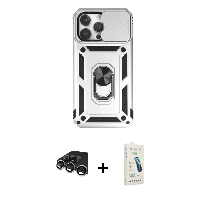 MARSİLYAN™- iPhone 14 Pro Max Kılıf Ahenk Klasik - Şeffaf Pasifik Cam Ekran Koruyucu + Raze Metal Kamera Lens - GS