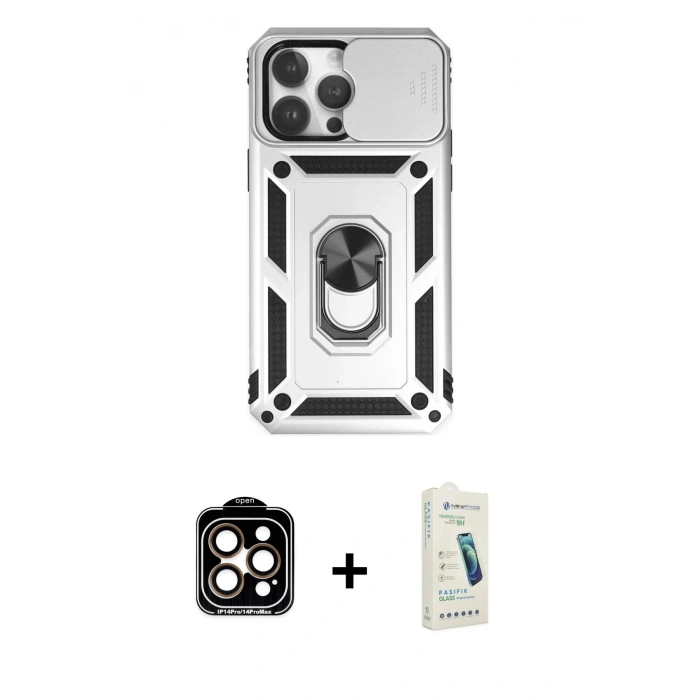 MARSİLYAN™- iPhone 14 Pro Max Kılıf Ahenk Klasik - Şeffaf Pasifik Cam Ekran Koruyucu + PVD Metal Kamera Lens - TU