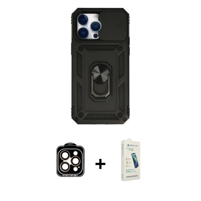 MARSİLYAN™- iPhone 14 Pro Max Kılıf Ahenk Klasik - Şeffaf Pasifik Cam Ekran Koruyucu + PVD Metal Kamera Lens - TU