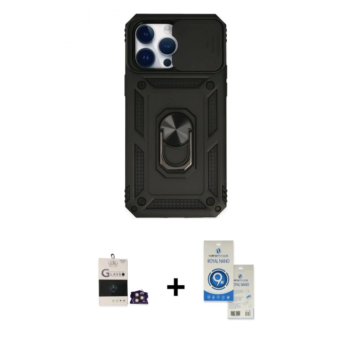 MARSİLYAN™- iPhone 14 Pro Max Kılıf Ahenk Klasik - Şeffaf Royal Nano Ekran Koruyucu + Bilvis Titan Kamera Lens - GD