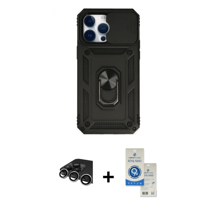 MARSİLYAN™- iPhone 14 Pro Max Kılıf Ahenk Klasik - Şeffaf Royal Nano Ekran Koruyucu + Raze Metal Kamera Lens - GS