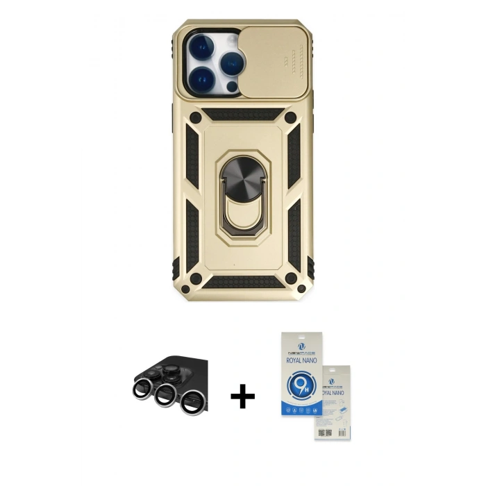 MARSİLYAN™- iPhone 14 Pro Max Kılıf Ahenk Klasik - Şeffaf Royal Nano Ekran Koruyucu + Raze Metal Kamera Lens - GS