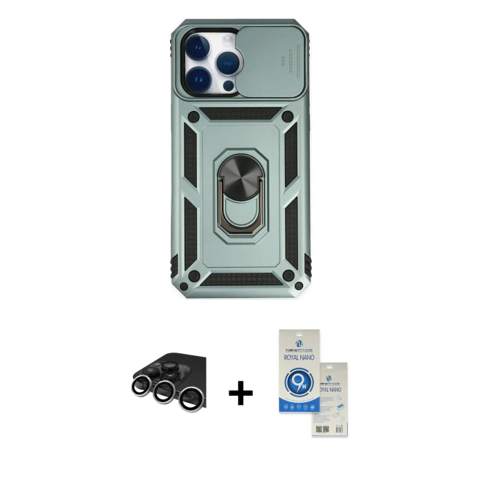 MARSİLYAN™- iPhone 14 Pro Max Kılıf Ahenk Klasik - Şeffaf Royal Nano Ekran Koruyucu + Raze Metal Kamera Lens - GS