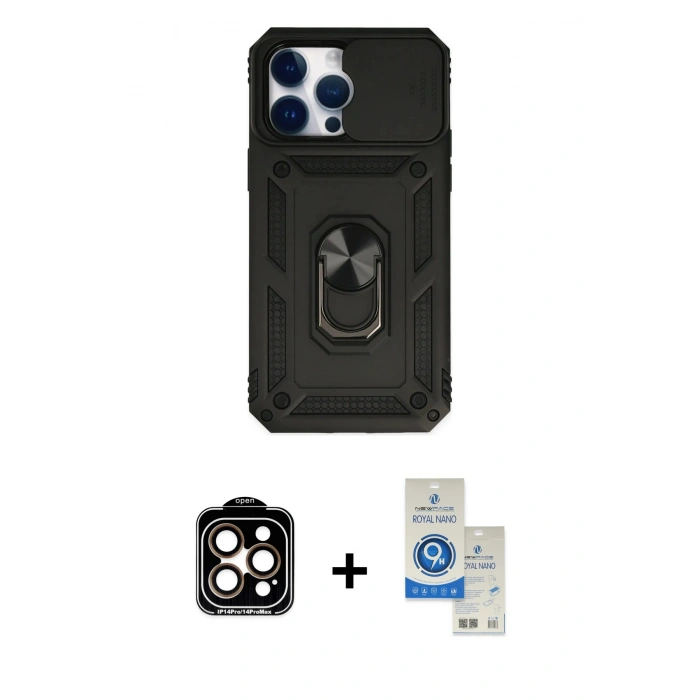 MARSİLYAN™- iPhone 14 Pro Max Kılıf Ahenk Klasik - Şeffaf Royal Nano Ekran Koruyucu + PVD Metal Kamera Lens - TU