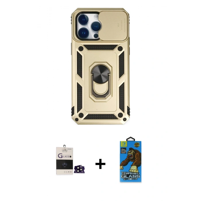 MARSİLYAN™- iPhone 14 Pro Max Kılıf Ahenk Klasik - Siyah 18D Cam Ekran Koruyucu + Bilvis Titan Kamera Lens - SH