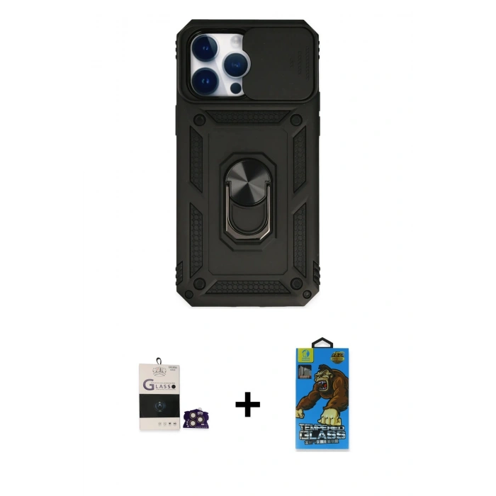 MARSİLYAN™- iPhone 14 Pro Max Kılıf Ahenk Klasik - Siyah 18D Cam Ekran Koruyucu + Bilvis Titan Kamera Lens - GD