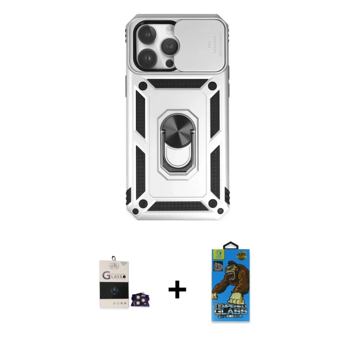 MARSİLYAN™- iPhone 14 Pro Max Kılıf Ahenk Klasik - Siyah 18D Cam Ekran Koruyucu + Bilvis Titan Kamera Lens - GD