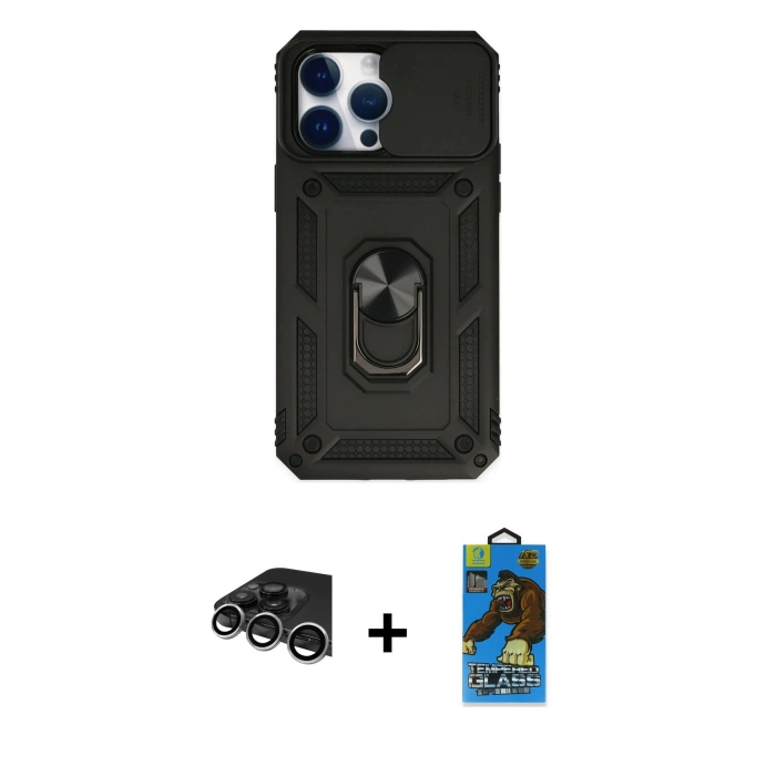 MARSİLYAN™- iPhone 14 Pro Max Kılıf Ahenk Klasik - Siyah 18D Cam Ekran Koruyucu + Raze Metal Kamera Lens - GS