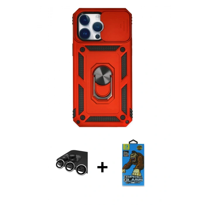 MARSİLYAN™- iPhone 14 Pro Max Kılıf Ahenk Klasik - Siyah 18D Cam Ekran Koruyucu + Raze Metal Kamera Lens - GS