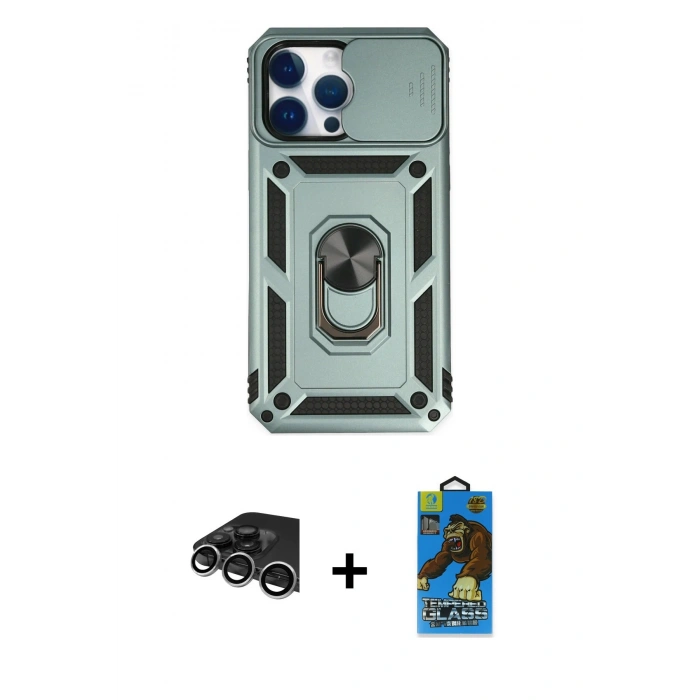 MARSİLYAN™- iPhone 14 Pro Max Kılıf Ahenk Klasik - Siyah 18D Cam Ekran Koruyucu + Raze Metal Kamera Lens - GS