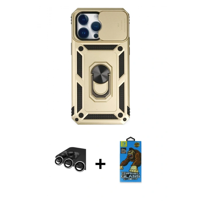 MARSİLYAN™- iPhone 14 Pro Max Kılıf Ahenk Klasik - Siyah 18D Cam Ekran Koruyucu + Raze Metal Kamera Lens - GS