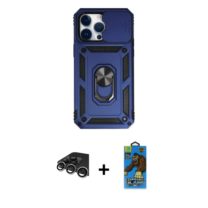 MARSİLYAN™- iPhone 14 Pro Max Kılıf Ahenk Klasik - Siyah 18D Cam Ekran Koruyucu + Raze Metal Kamera Lens - GS