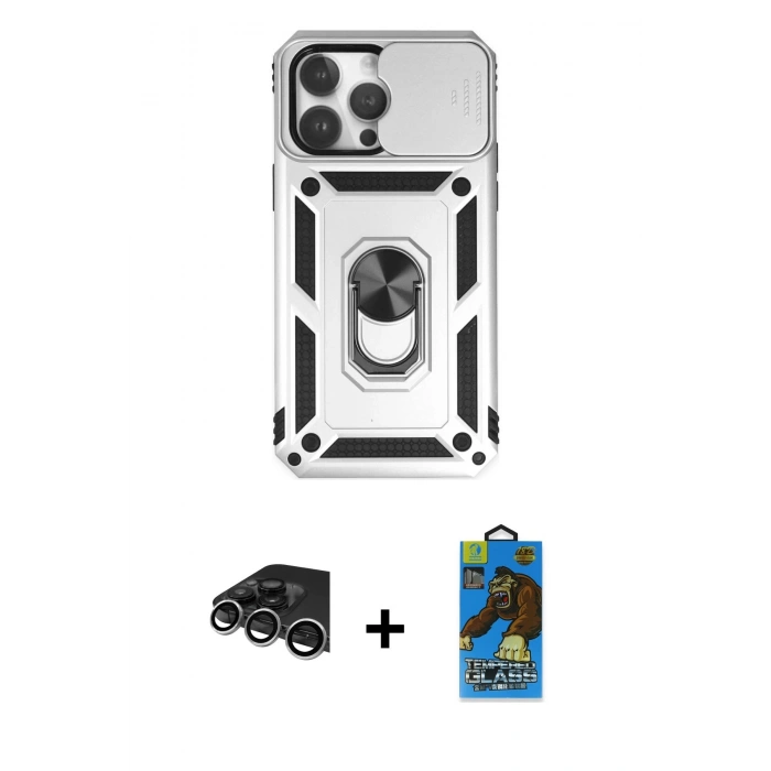 MARSİLYAN™- iPhone 14 Pro Max Kılıf Ahenk Klasik - Siyah 18D Cam Ekran Koruyucu + Raze Metal Kamera Lens - GS