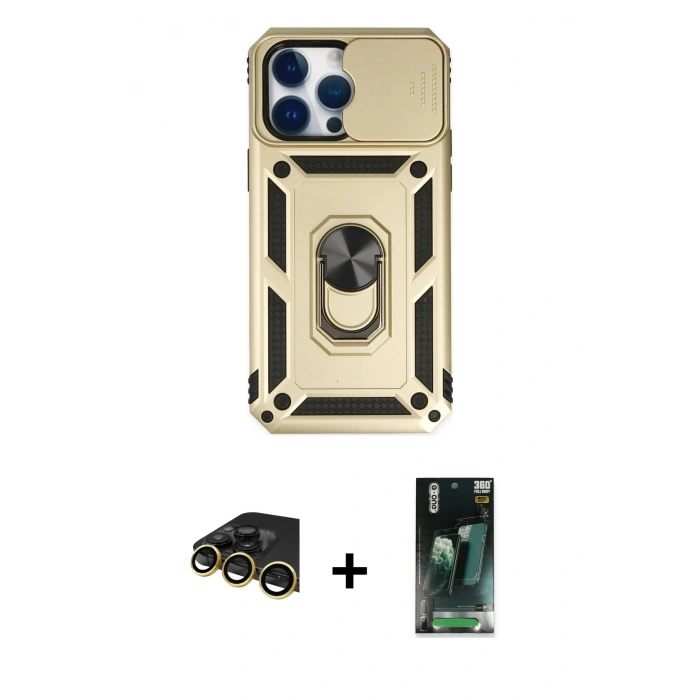 MARSİLYAN™- iPhone 14 Pro Max Kılıf Ahenk Klasik - Siyah 360 Mat Full Body Arka Koruyucu + Raze Metal Kamera Lens - GD