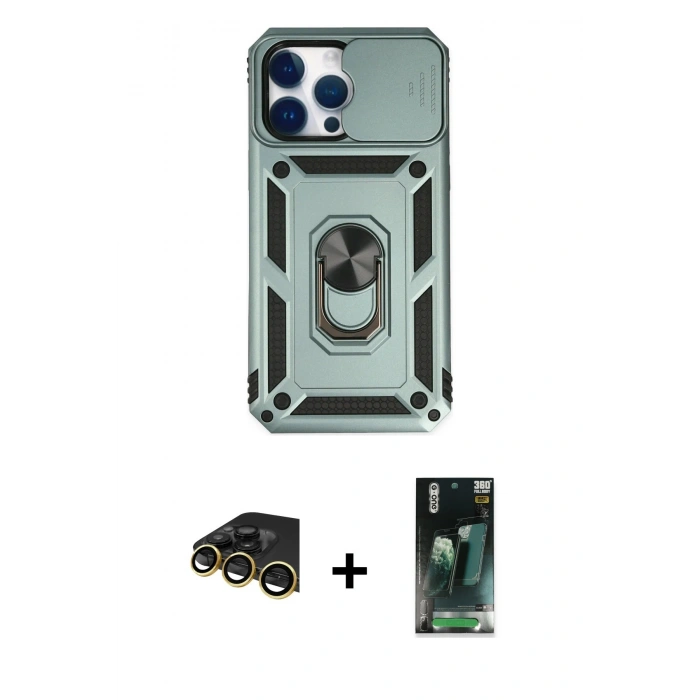 MARSİLYAN™- iPhone 14 Pro Max Kılıf Ahenk Klasik - Siyah 360 Mat Full Body Arka Koruyucu + Raze Metal Kamera Lens - GD