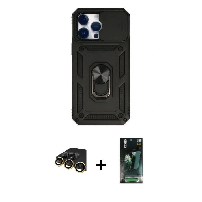 MARSİLYAN™- iPhone 14 Pro Max Kılıf Ahenk Klasik - Siyah 360 Mat Full Body Arka Koruyucu + Raze Metal Kamera Lens - GD
