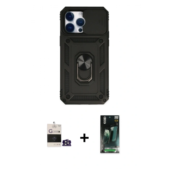 MARSİLYAN™- iPhone 14 Pro Max Kılıf Ahenk Klasik - Siyah 360 Mat Full Body Arka Koruyucu + Gümüş Bilvis Titan Kamera Lens