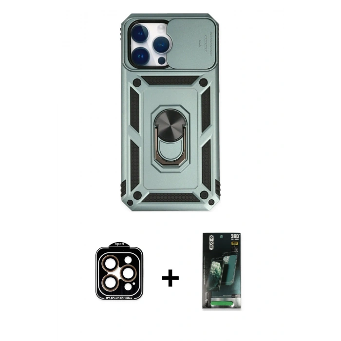 MARSİLYAN™- iPhone 14 Pro Max Kılıf Ahenk Klasik - Siyah 360 Mat Full Body Arka Koruyucu + Turuncu PVD Metal Kamera Lens