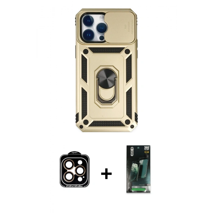 MARSİLYAN™- iPhone 14 Pro Max Kılıf Ahenk Klasik - Siyah 360 Mat Full Body Arka Koruyucu + Turuncu PVD Metal Kamera Lens