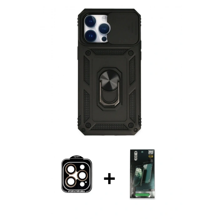 MARSİLYAN™- iPhone 14 Pro Max Kılıf Ahenk Klasik - Siyah 360 Mat Full Body Arka Koruyucu + Turuncu PVD Metal Kamera Lens