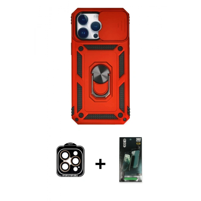 MARSİLYAN™- iPhone 14 Pro Max Kılıf Ahenk Klasik - Siyah 360 Mat Full Body Arka Koruyucu + Turuncu PVD Metal Kamera Lens