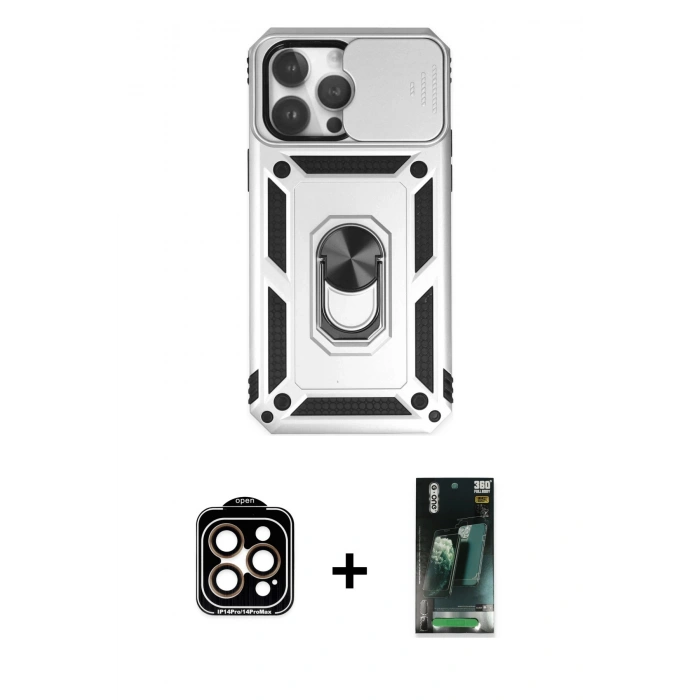 MARSİLYAN™- iPhone 14 Pro Max Kılıf Ahenk Klasik - Siyah 360 Mat Full Body Arka Koruyucu + Turuncu PVD Metal Kamera Lens