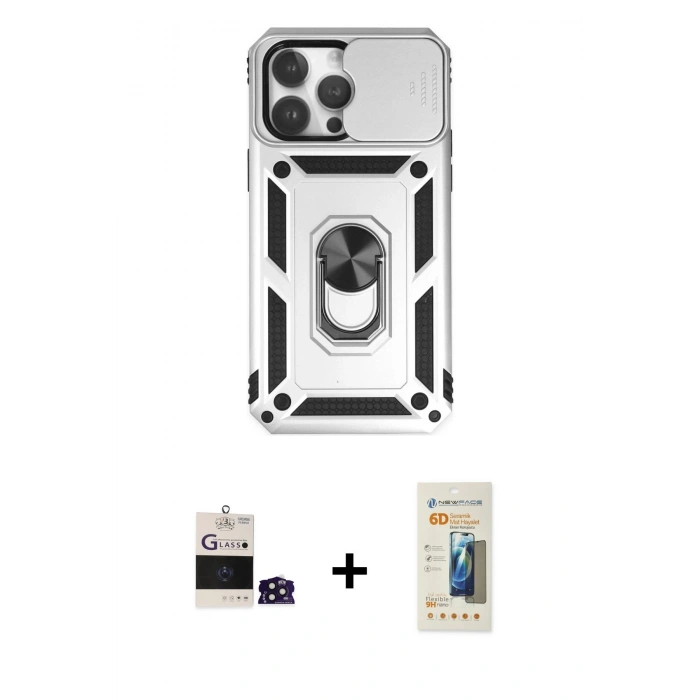 MARSİLYAN™- iPhone 14 Pro Max Kılıf Ahenk Klasik - Siyah 6D Mat Seramik Hayalet Nano Ekran Koruyucu + Bilvis Titan Kamera Lens - DNMR