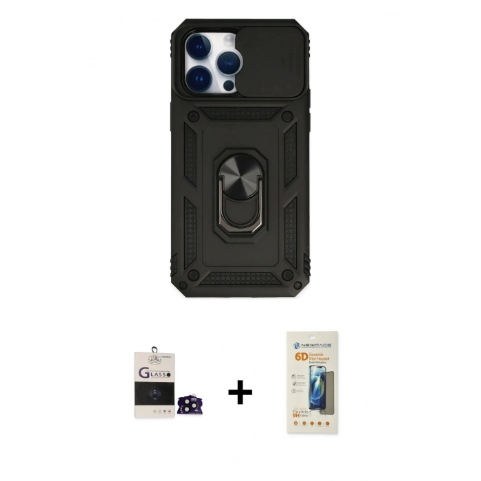 MARSİLYAN™- iPhone 14 Pro Max Kılıf Ahenk Klasik - Siyah 6D Mat Seramik Hayalet Nano Ekran Koruyucu + Bilvis Titan Kamera Lens - SH